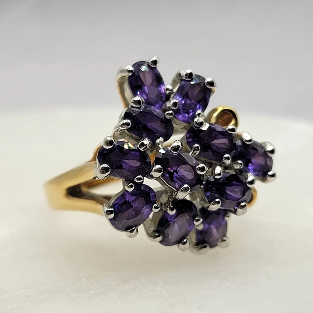 Vintage Gemstone Cluster Cocktail Ring  Amethyst Gold Tone